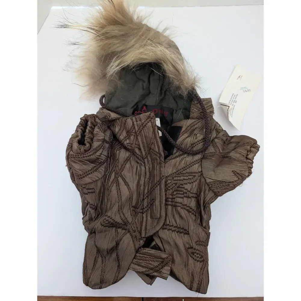 DNY Quilted Dog Coat with Fur Trim Hood Brown Textured Winter Jacket Small Breed